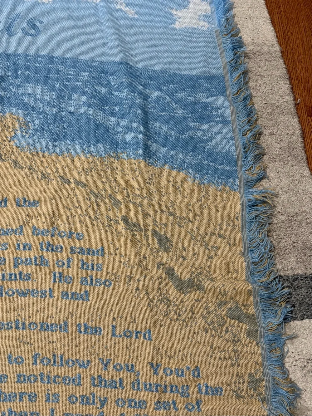 Vtg Footprints/Walk with Thee Jacquard Woven Throw Blanket Tapestry Style 51x41